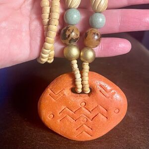 Aztec Tribal Clay and Bead Necklace, hand crafted